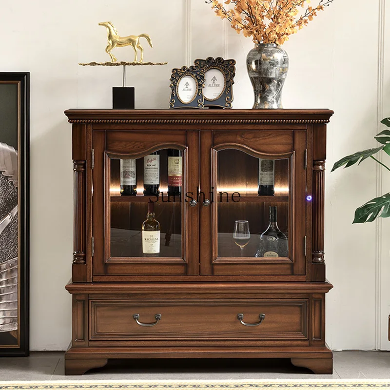 

American double door solid wood home display living room furniture with glass locker