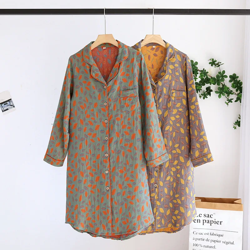 Retro Color Style 100% Cotton Skirt Cardigan Nightdress Ladies Spring Long-sleeved Loose Mid-length Nightdress Plus Size