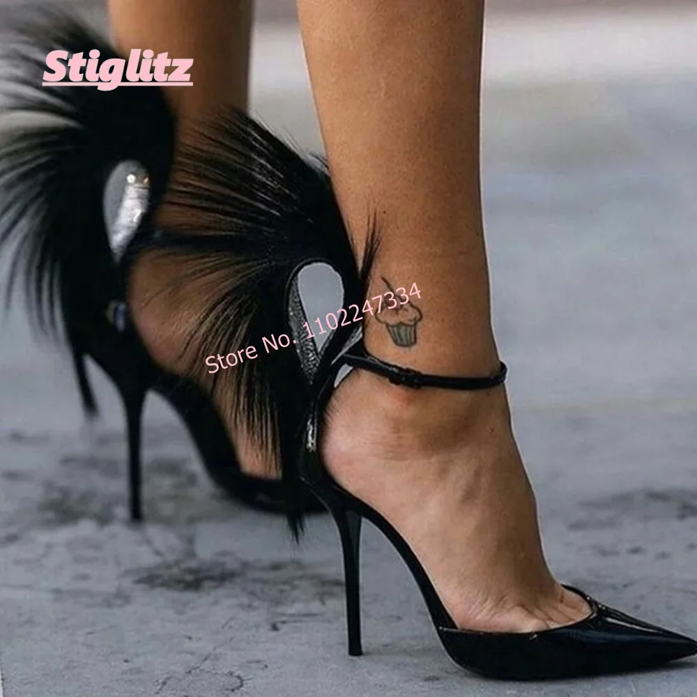 Black Feather Stiletto Pumps Women's New Arrival Luxury Design Pointed Toe Ankle Strap Buckle Leather Fashion Party Shoes