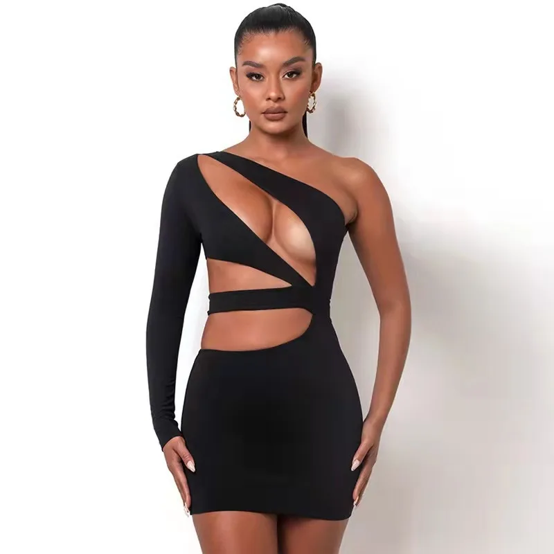 

Fashionable women's solid color slim fit diagonal shoulder long sleeved wrap hip skirt sexy hollow out dress for women