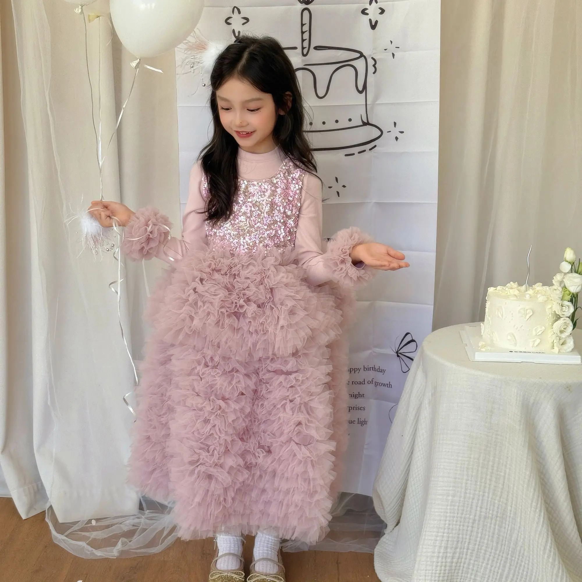 Winter Autumn Kids Girls Princess 2pcs Clothes Set Winter Children Warm Thick Base shirt+Pink Shiny Floral Sundress Elegant Suit
