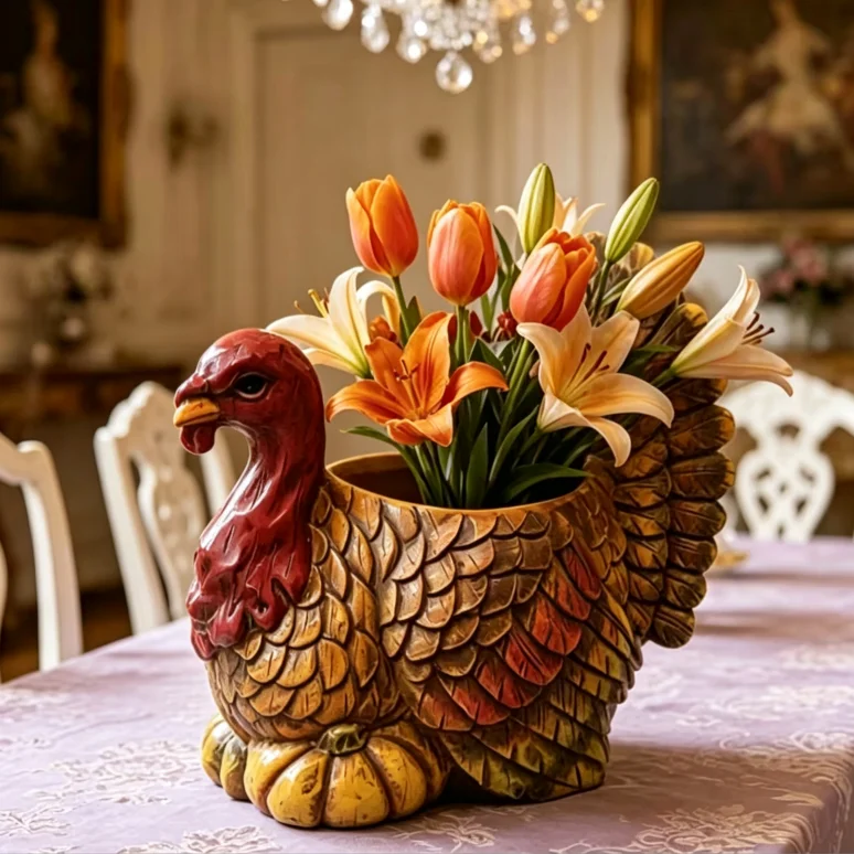 Farmhouse Style Turkey Resin Succulent Planter, Decorative Flower Container, Thanksgiving Autumn Table Centerpiece & Indoor Home