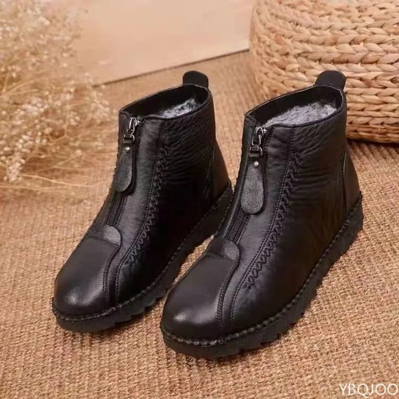 Sepatu bot salju tebal kasual musim dingin baru ukuran besar dengan resleting rendah, sederhana, nyaman, anti selip, tahan aus, berbahan katun untuk wanita.