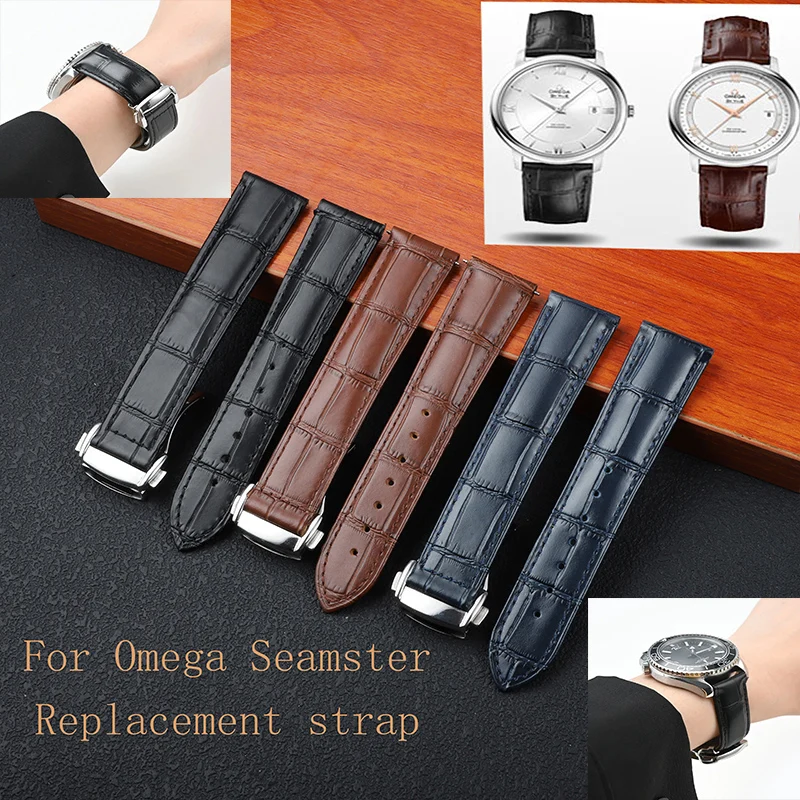 

Ремешок из натуральной кожи 18 мм, 20 мм, 21 мм, 22 мм для Omega Seamaster Speedmaster, складная пряжка, водонепроницаемый ремешок для часов из телячьей кожи, браслет