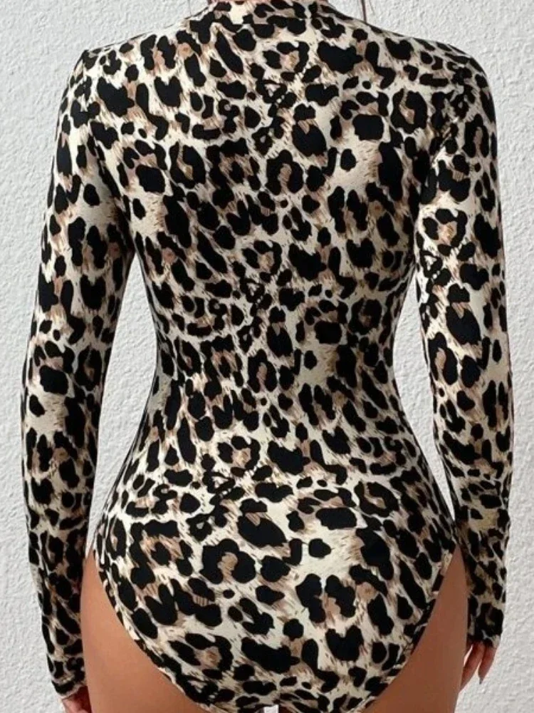 Sexy Tight Women\'s Bodysuits Women\'s Small Stand Collar Long Sleeve Fashion Leopard Print Tight Girly Style Bodysuit Top