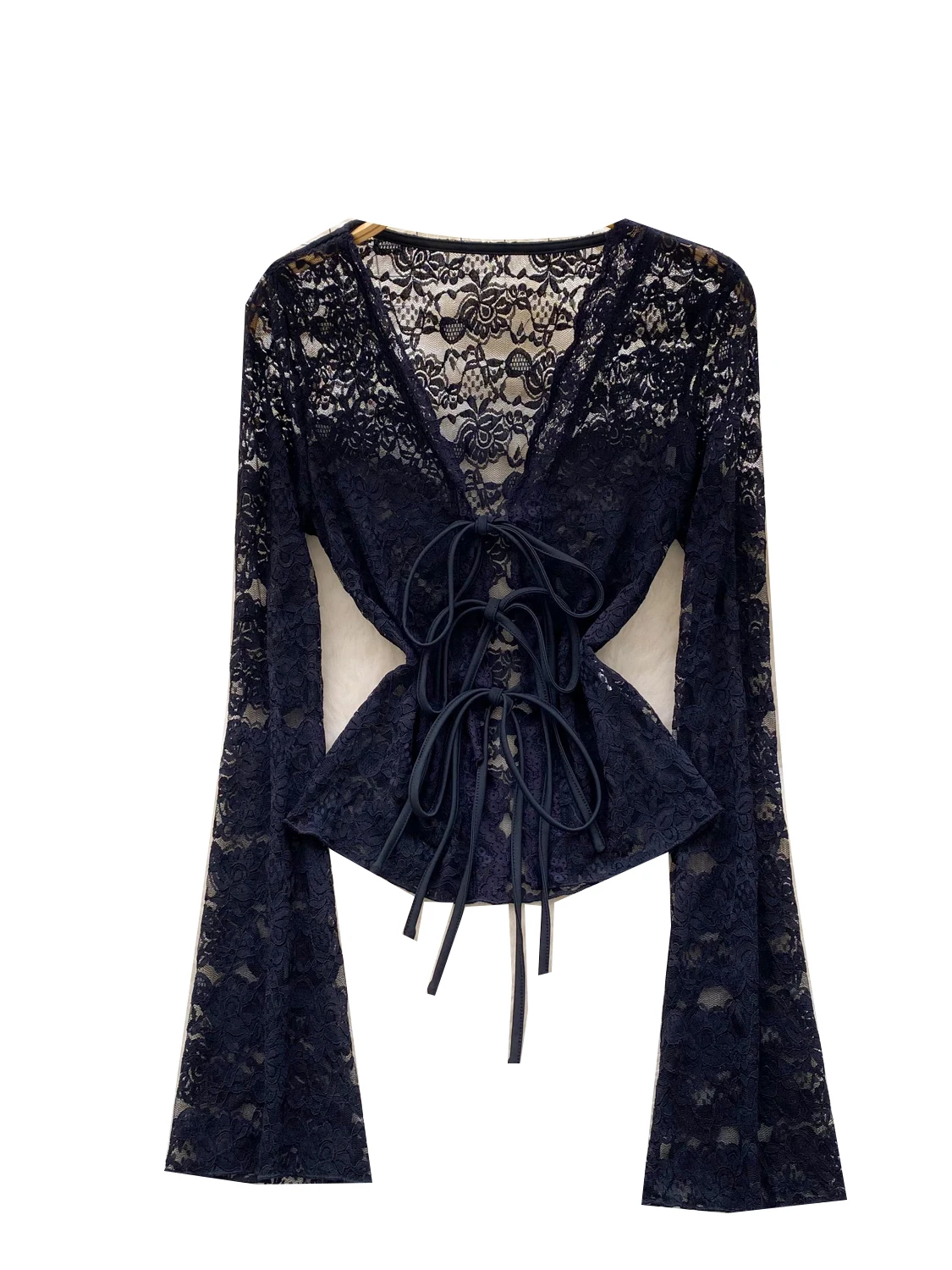 Women Black Gothic Lace Shirts Flare Sleeve Hollow Blouses Vintage Elegant 2000s Lace-up Long Sleeve Shirt Clothes Spring Autumn