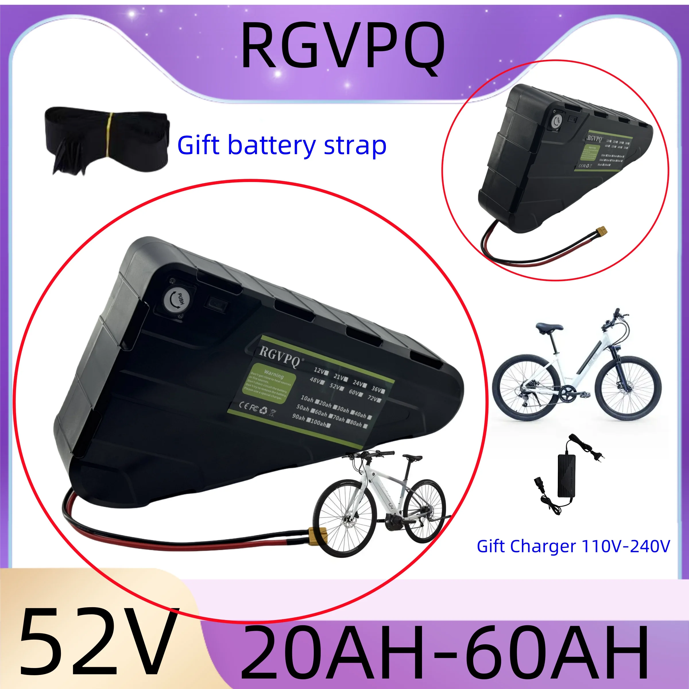 52V60AH High Capacity,Air fast transportation, Waterproof Hard Case Strong power battery pack 350W500W750W1000W triangle battery - Image 2