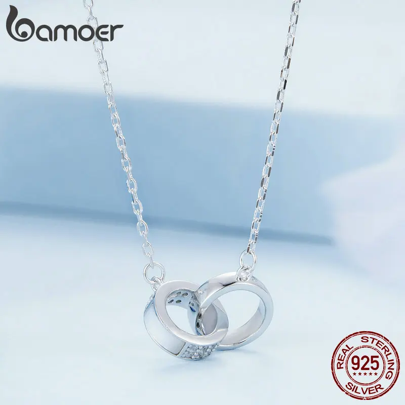 Bamoer 925 Sterling Silver Double Circle Interlock Pendant Necklace Double Ring Collarbone Neck Chain for Women Jewelry BSN295