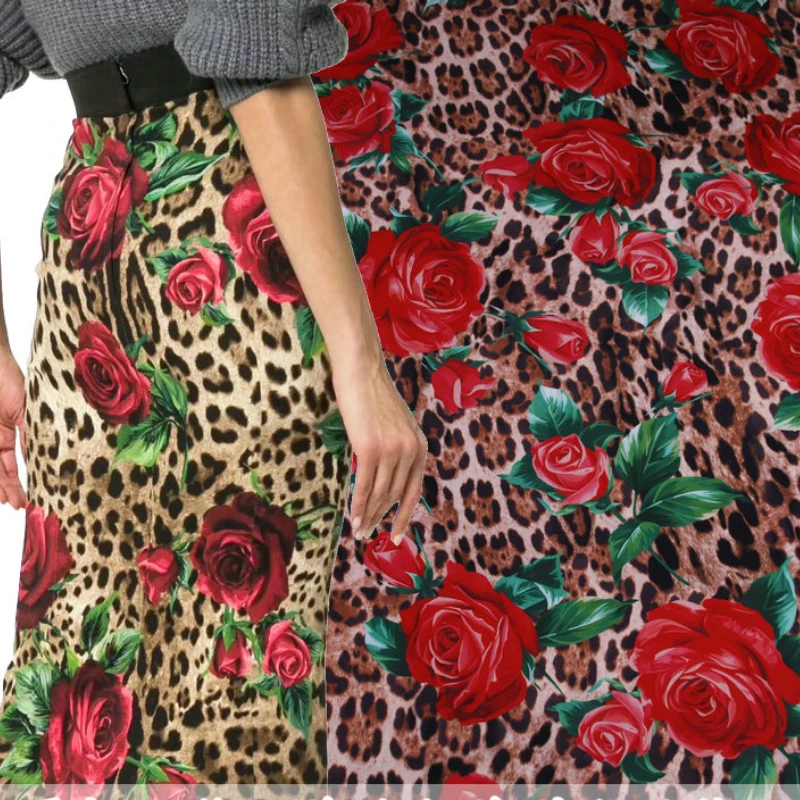 Leopard Rose imitacja lnu drukowane tkaniny poliestrowe marka Fashion Design koszula Diy szycia tkanin na materiał sukni