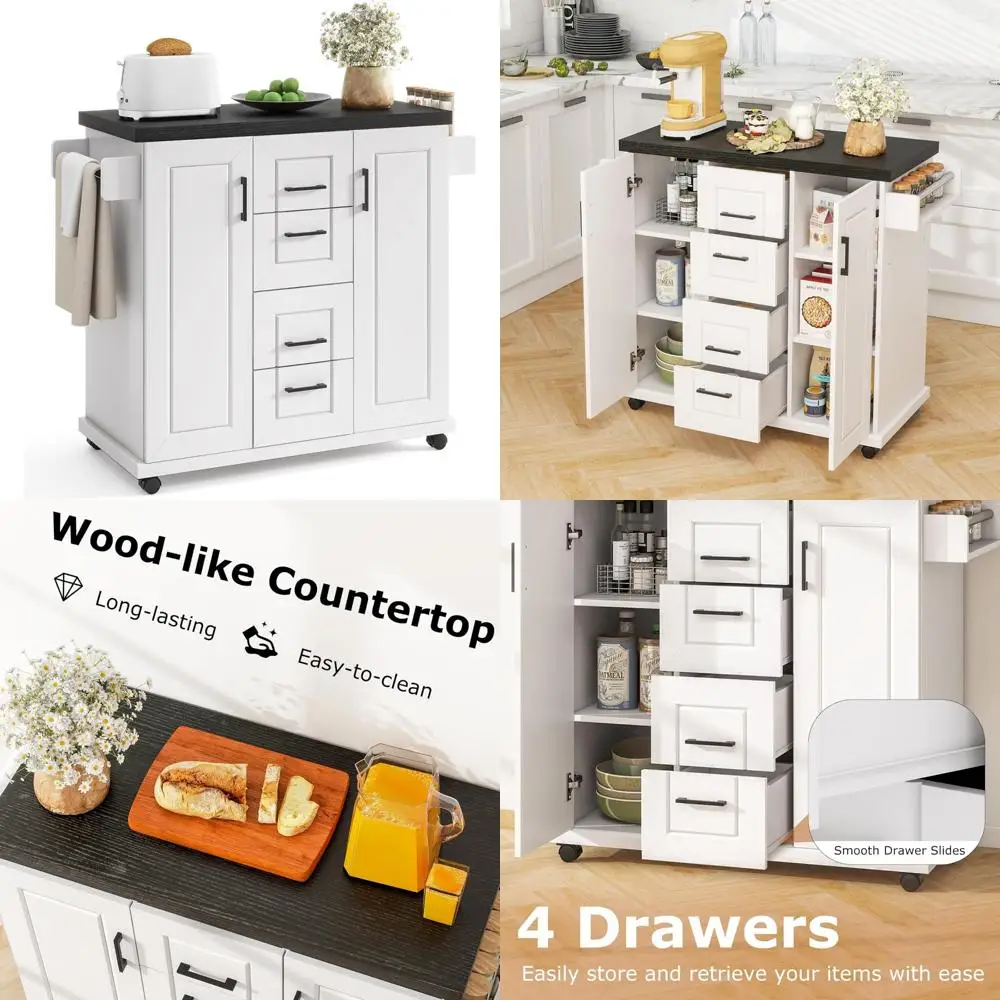 Mobile Rolling Kitchen Island Cart with Storage, 4 Drawers, Towel Bar, and Spice Rack