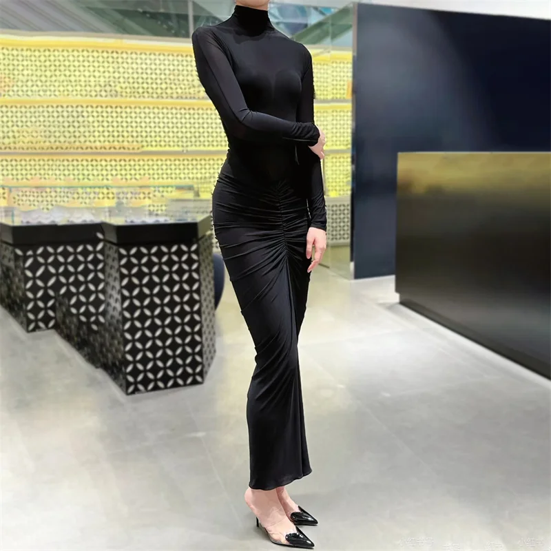 

Womens dresses New elastic slim fit high neck long dress for autumn 2025 Casual pleated dress Pencil dress y2k party dresses
