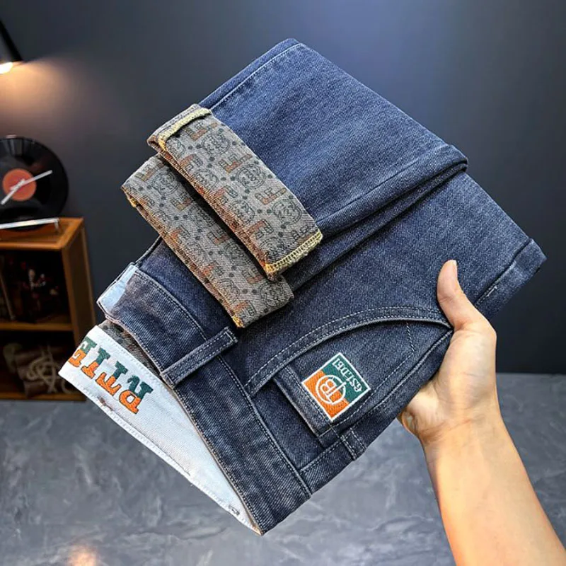 بنطال جينز رجالي من القطن المرن مستقيم وناعم ومريح من قماش الدنيم غير رسمي موضة الخريف بنطلون عمل كوري