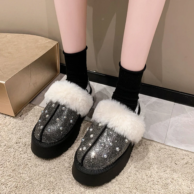 Women's Slippers Winter New Versatile Baotou Plush Thick Sole Increased Rhinestone Sequins Round Toe Fashion Slippers for Women