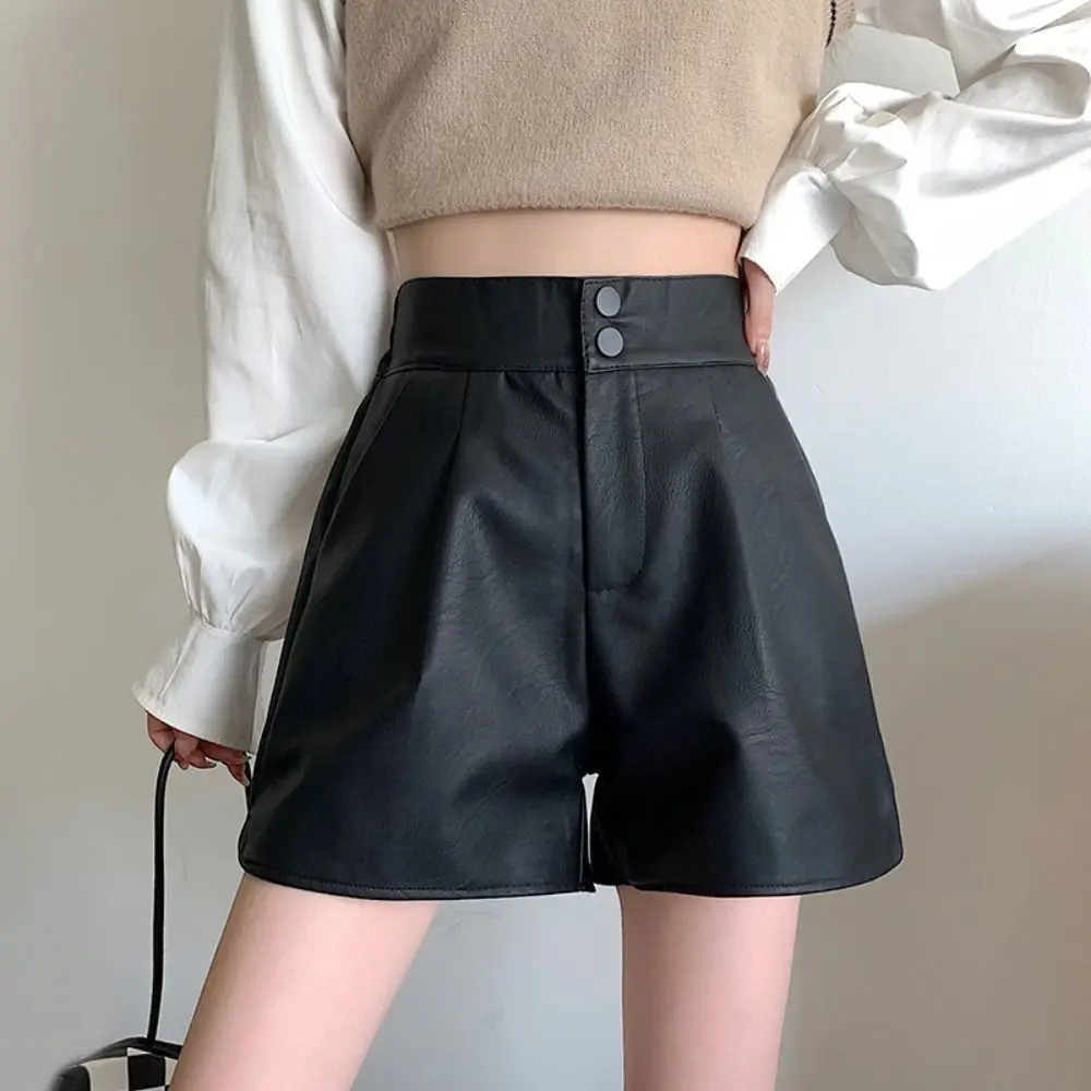 

Wide Leg Shorts Faux Leather Belt for Women Woman High with Waist Two Buttons Female Jeans Trouser Decorative Waistband T357