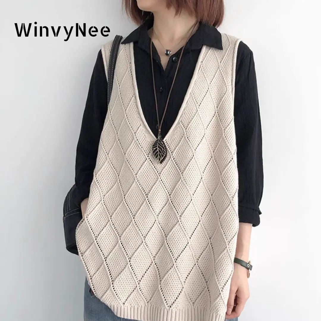 WinvyNee Women\'s Vest Clothing Cotton Loose Big V Neck Casual Outerwears Knitted Tops Casual Sweater Plus Size Autumn C1002011A