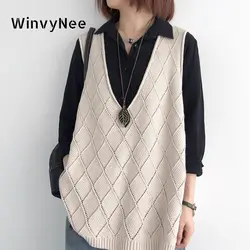 WinvyNee Women's Vest Clothing Cotton Loose Big V Neck Casual Outerwears Knitted Tops Casual Sweater Plus Size Autumn C1002011A