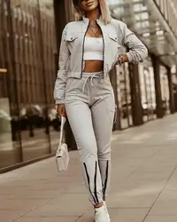 Zipper Crop Jacket Pencil Pants Two Piece Set Women Autumn Winter Fashion High Waist Lace Up Pants With Coats Suit Office Ladies