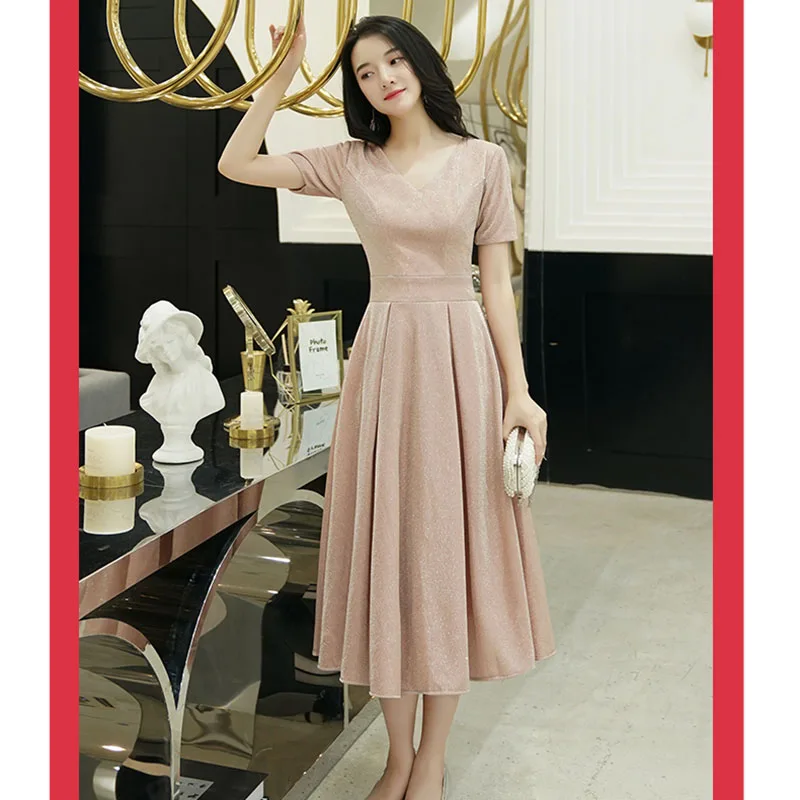 DongCMY Wedding Pink Temperament Banquet Cocktail Dress Short Sleeve Engagement Sparkly Gold Silk Prom Dresses For Women 2024