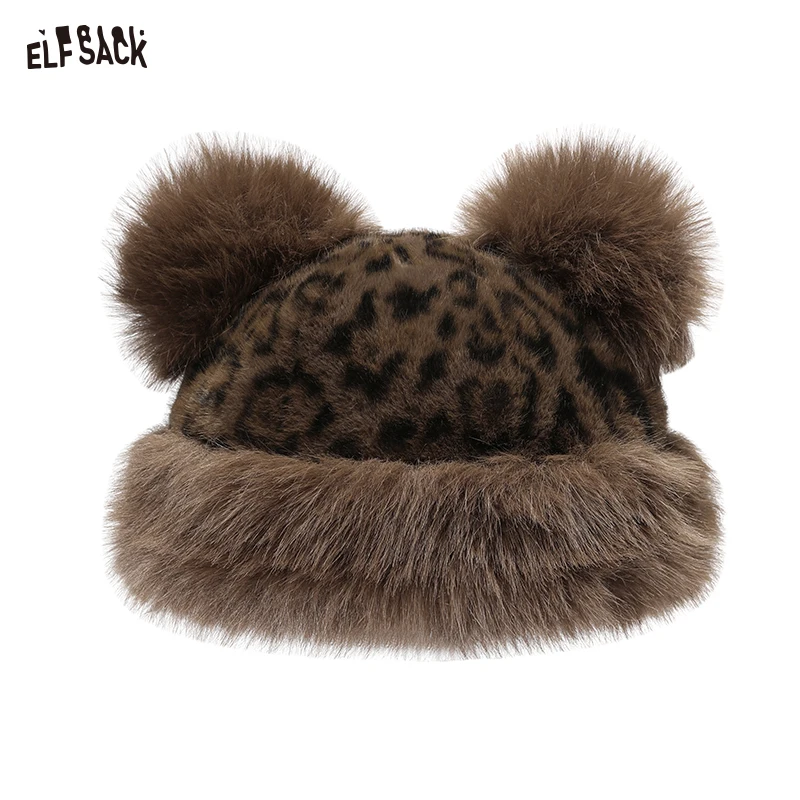 Elfsack 2025 صيف الوافدين الجدد ليوبارد طباعة آذان الدب أفخم سميكة قبعة تدفئة للنساء