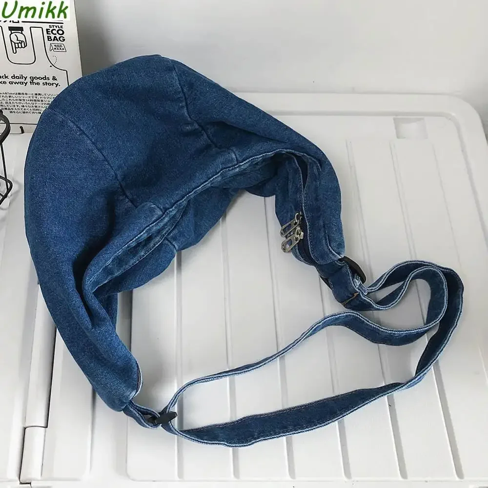 Unisex Hobo Sling Bag Adjustable Strap Denim Retro Shoulder Bag Zipper Closure Large Capacity Daily Dating Bag for Women Men