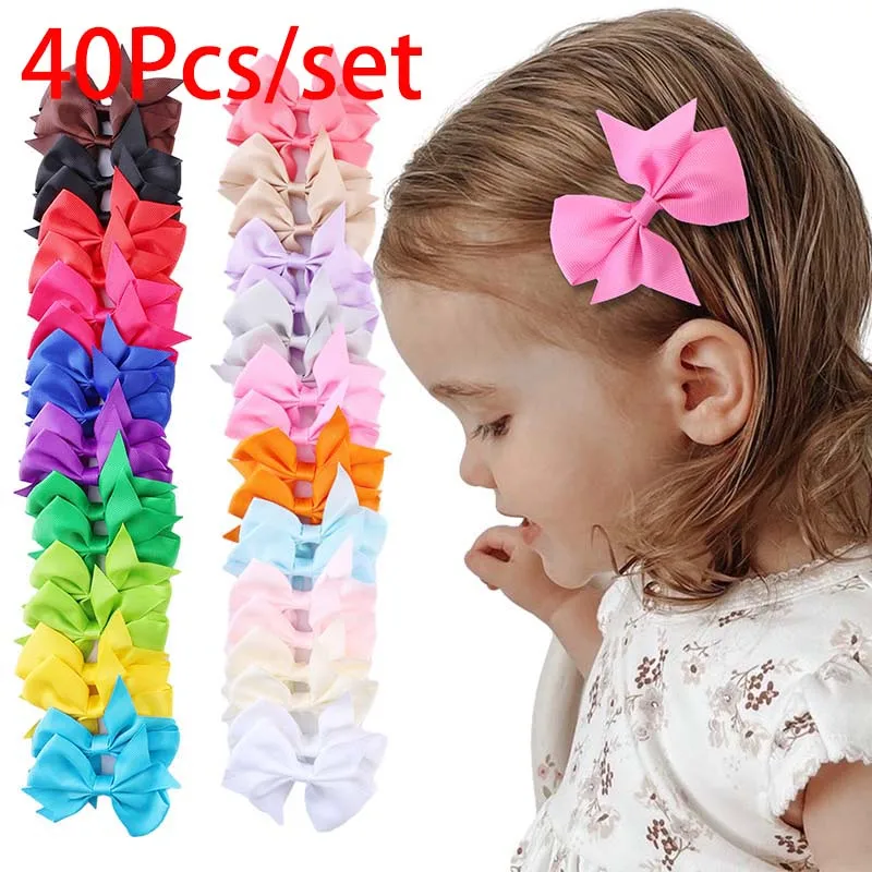 

ncmama 40Pcs Solid Ribbon Hair Bow Clips For Baby Girls Cute Handmade Bowknot Hairpin Barrettes Headwear Kids Hair Accessories