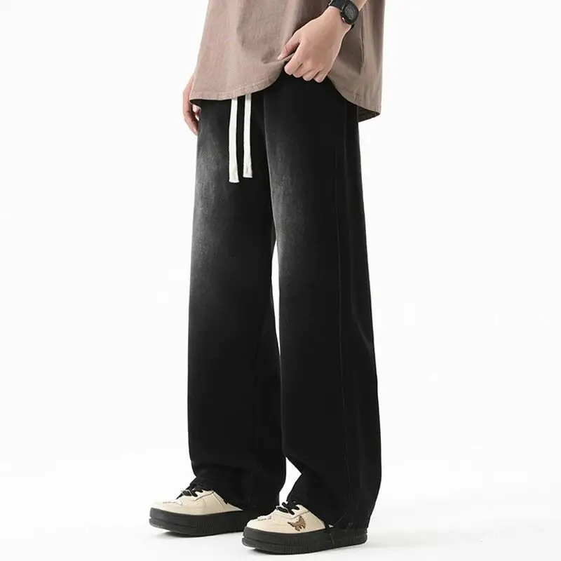 2025 nuevos pantalones vaqueros largos informales coreanos para hombres pantalones de pierna ancha de mezclilla de pierna recta clásicos para hombres color sólido AMI AMORING azul claro