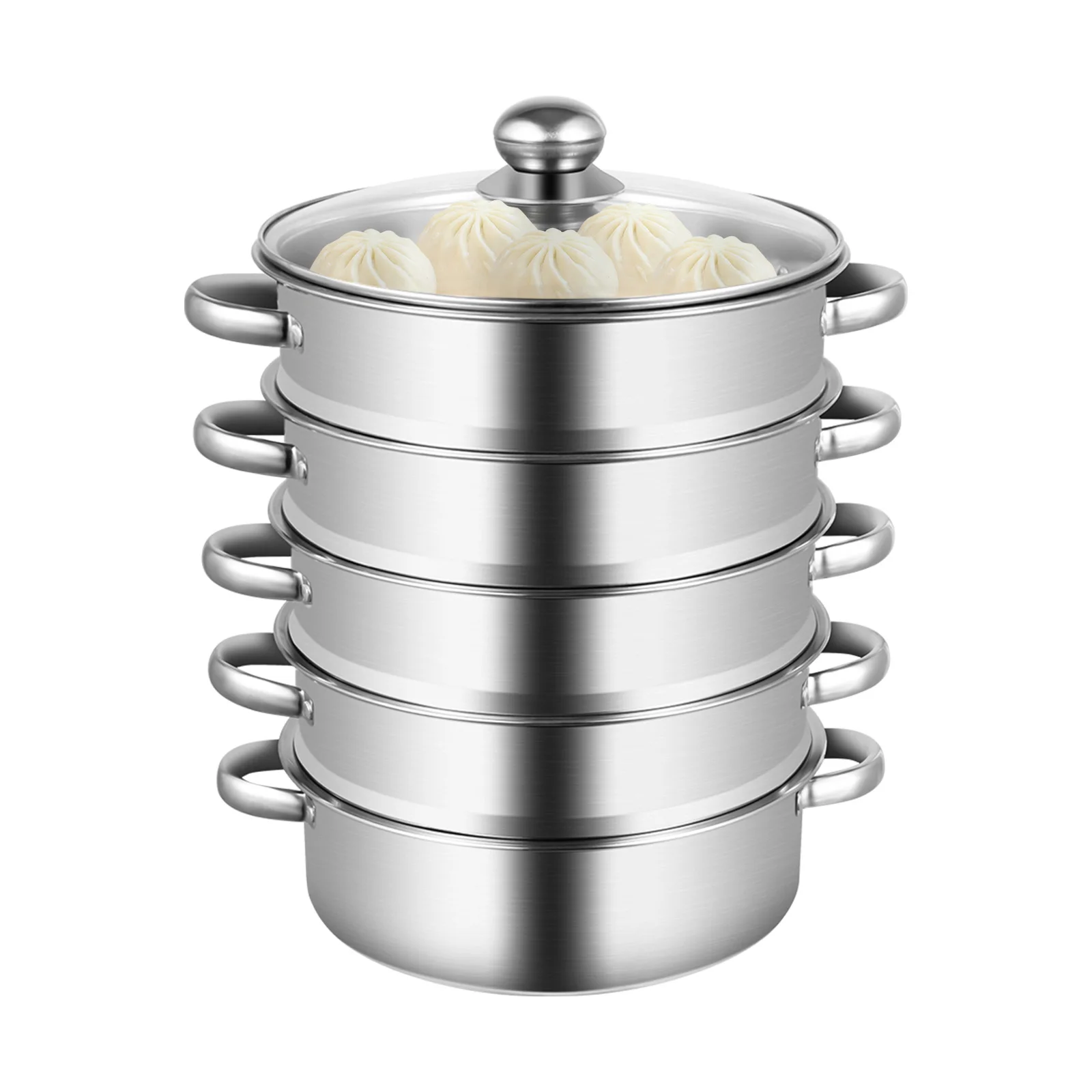 5-Tier Stainless Steel Steamer 26cm Diameter Steamer Cookware with Glass Lid Rice Vegetable Food Large Capacity Steaming Cooker