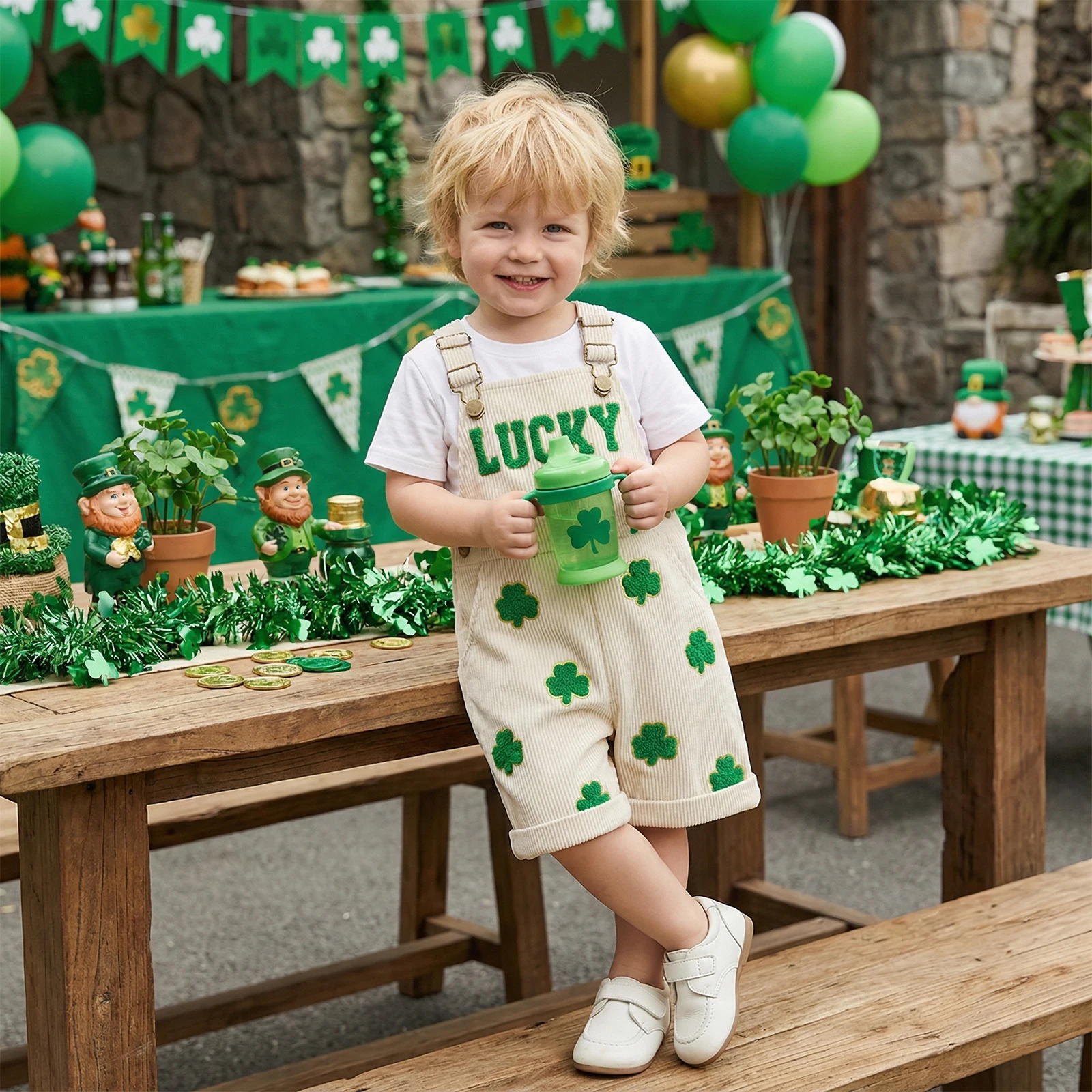 

Kids Girls Boys Overalls Sleeveless Embroidery Clover Casual Jumpsuit Clothes for Irish Holiday