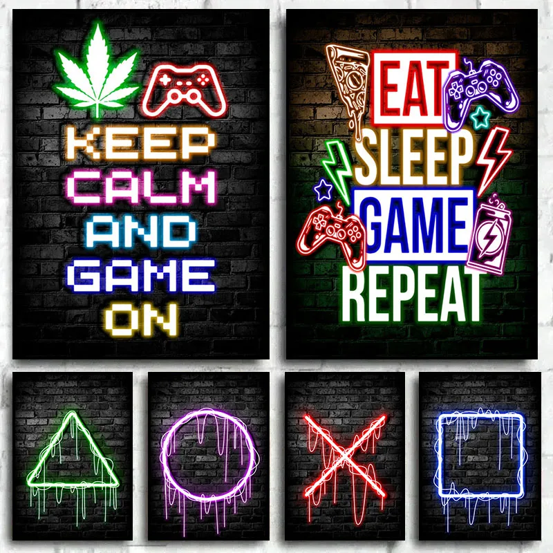 Neon Gaming Gamer Room Decor Canvas Painting Eat Sleep Game Repeat Gamer Gaming Game Neon Posters Canvas Print Art Home Decor