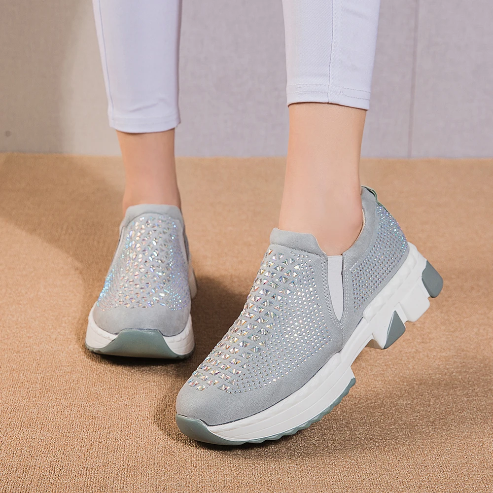 Rhinestone Women Sock Sneakers Thick Sole Comfortable Lady Tenis Soft Platform Light Lazy Loafer Crystal Summer Girl Flat Shoes