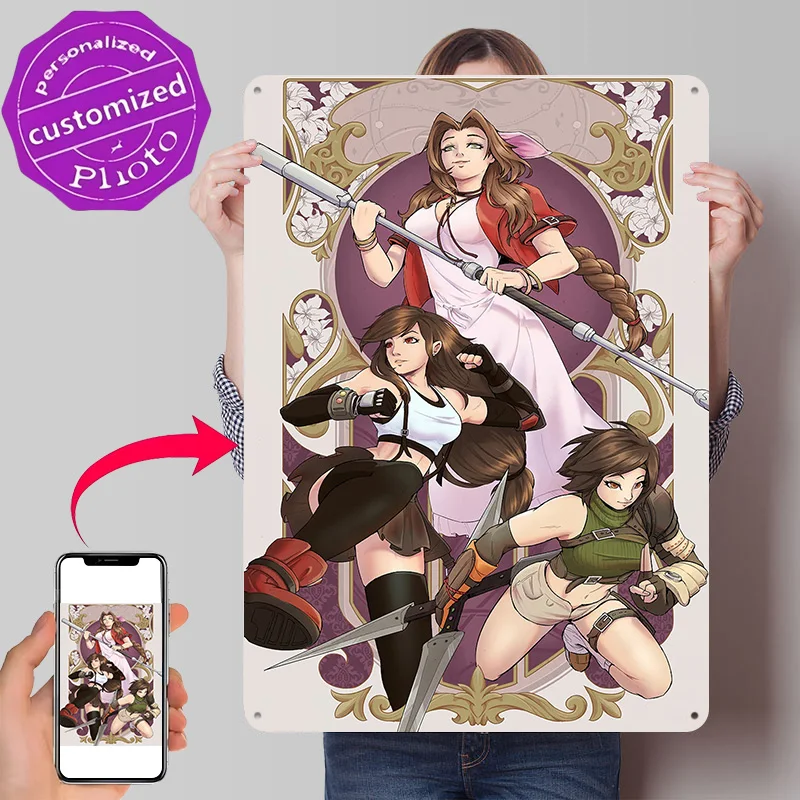 Final Fantasy VII Heroines Artwork Personalized 3D Textured Metal Poster Wall Art Tinplate Sign for Bedroom Decorations Room Tin
