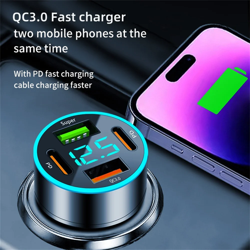 66W Car Charger USB PD Type C Fast Charging Car Phone Charger For iPhone 15 Samsung Xiaomi 4 Ports LED Display Car Quick Charger