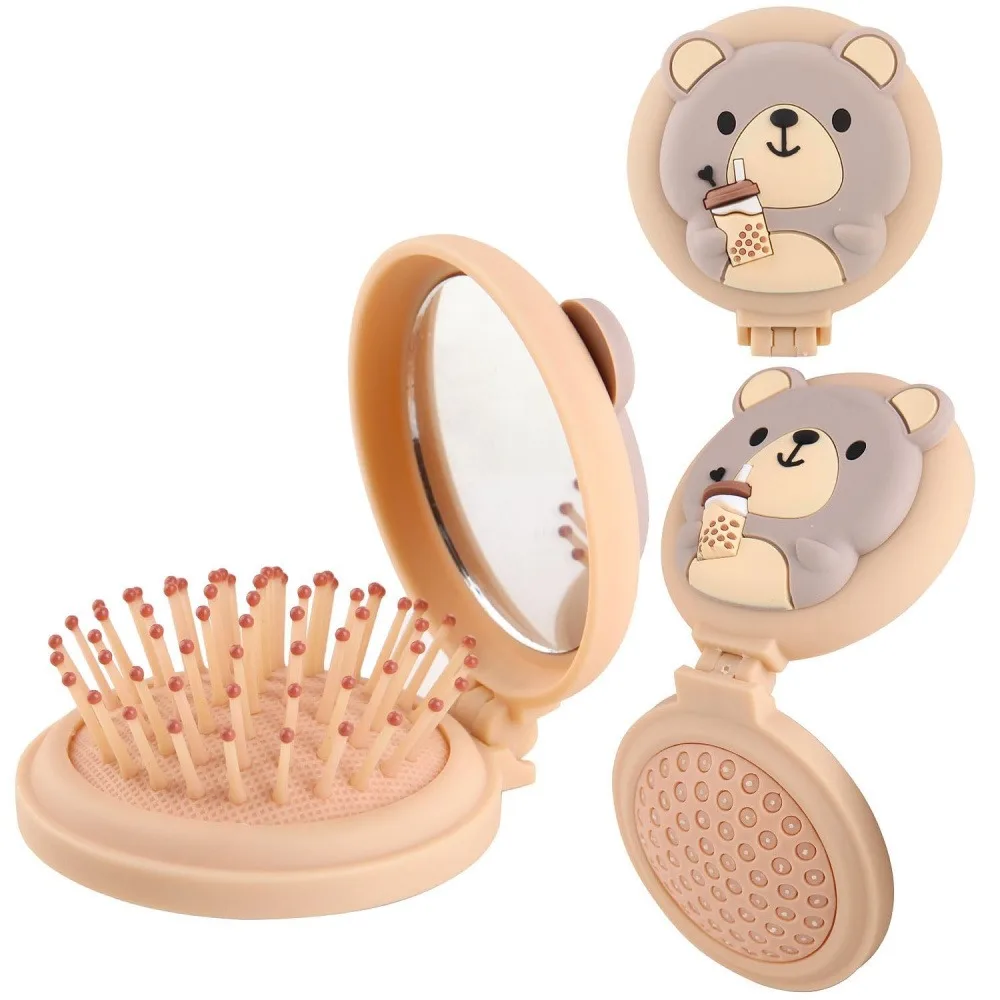 2 Pack Foldable Air Cushion Comb, Cute Bear Shape Travel Hairbrush with Mirror, Portable Massage Brush for Wet Dry Curly Straight Hair (Random Color)