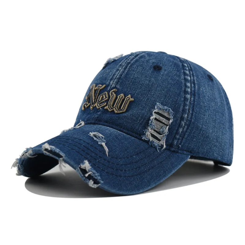 Unisex High Quality Vintage New York NY Denim Baseball Cap with Distressed & Torn Details, Buckle Closure, Retro Casual Outdoor Sun Hiking Sports Dad Hat