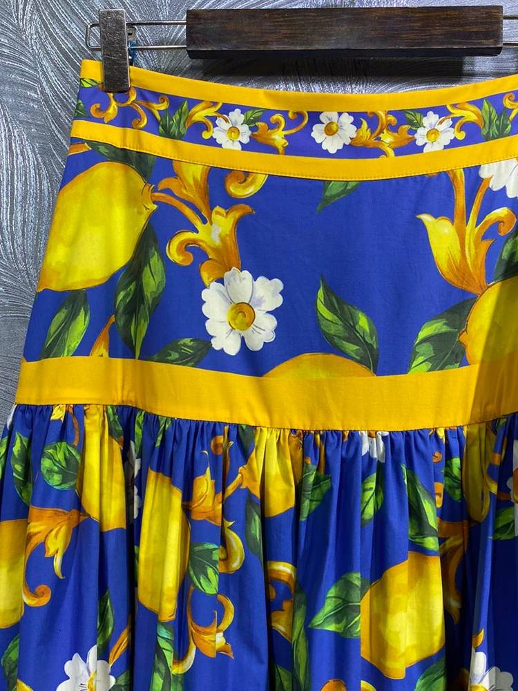 SEQINYY Sicily Skirt Summer Spring New Fashion Design Women Runway Lemon Vintage Flowers Print Blue A-Line High Street