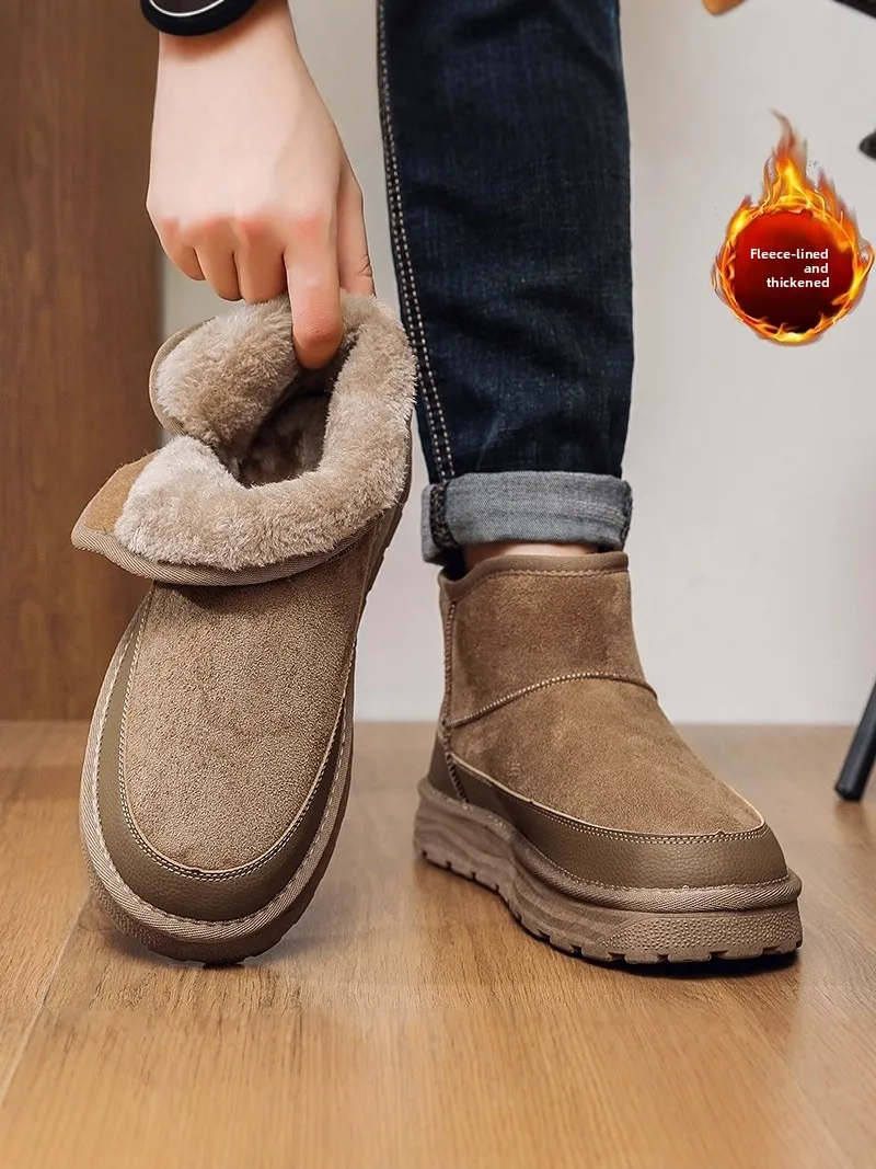 Men's Winter Snow Boots Thickened Fleece Lined Warm Bread Shoes Leather Fur Integrated Cold Resistant Northeast Cotton Shoes