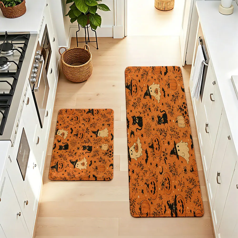 2pcs Halloween Themed Plush Kitchen Floor Mats - Pumpkin Ghost Black Cat Designs Waterproof Oil-Resistant & Water-Absorbent
