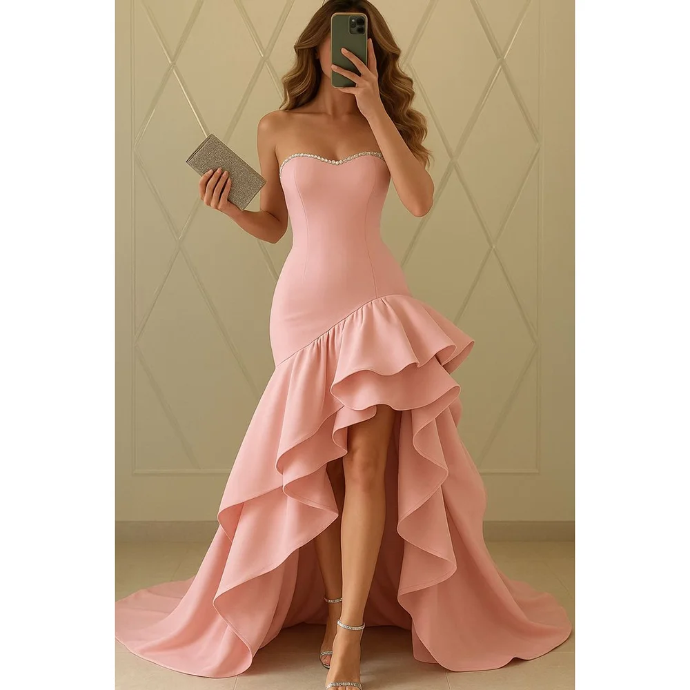 

Pink Sweetheart Sleeveless Asymmetrical Floor Length Prom Gowns 2025 Sweet Crystal Ruffles Birthday Evening Long Dresses