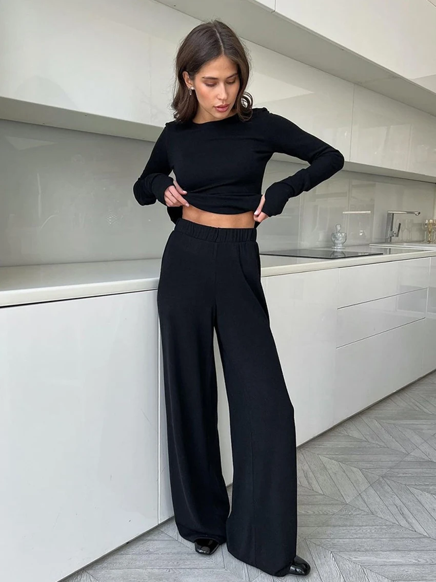 Marthaqiqi Casual Women Nightwear 2 Piece Suit O-Neck Sleepwear Long Sleeve Nightgowns Wide Leg Pants Winter Ladies Home Clothes