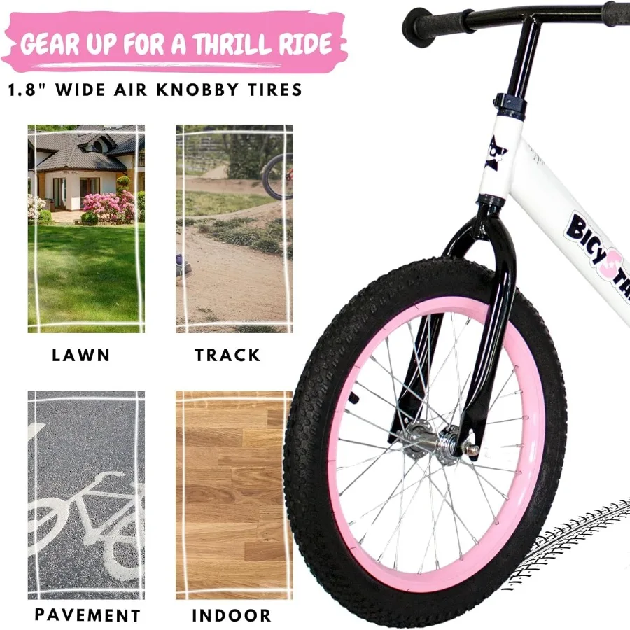 Bicicleta de equilíbrio de 16 polegadas para 5-8 anos, sem pedais, pneus de ar, apoio para os pés, altura ajustável para meninos e meninas grandes