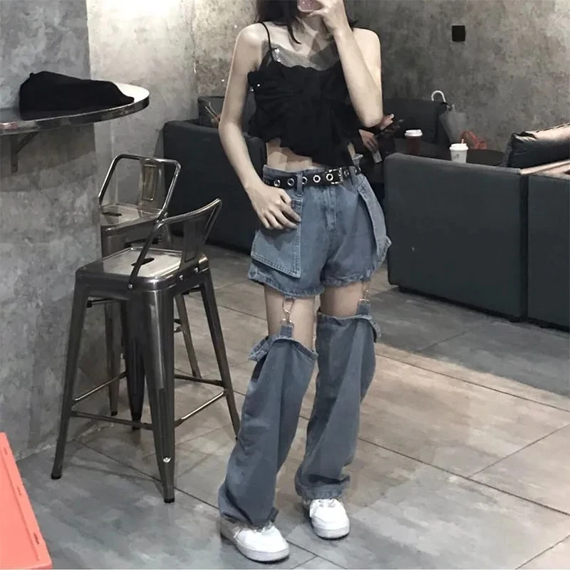 Disassembled Pants Women Jeans High Street Waisted Vintage Hip Hop Hole Woman Streetwear Casual Straight Baggy Women Jean