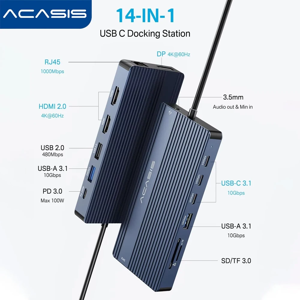 Acasis 14 in 1 USB-C 3.1 Docking Station Type-C To HDMI Hub 10Gbps 4K/60HZ PD100W 1000Mbps Ethernet 85W Input For Laptop Hub