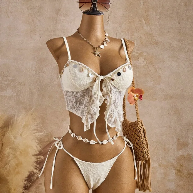 sexy beige lace ruffles shell vest bikinis sets two pieces thong tie swimsuits bathing suit swimwear biquini tankini trikini