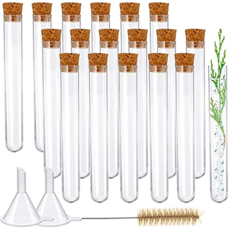 20 Pieces Plastic Test Tubes with Cork Stoppers and 2 Funnels, 1 Brush for Halloween Science Party