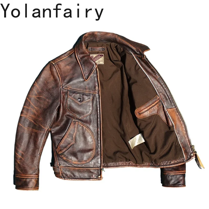 YOLANFAIRY Fashion Genuine Leather Jacket Men High Quality 100% Top Layer Cowhide Real Leather Coat Man Clothing Vintage 2026