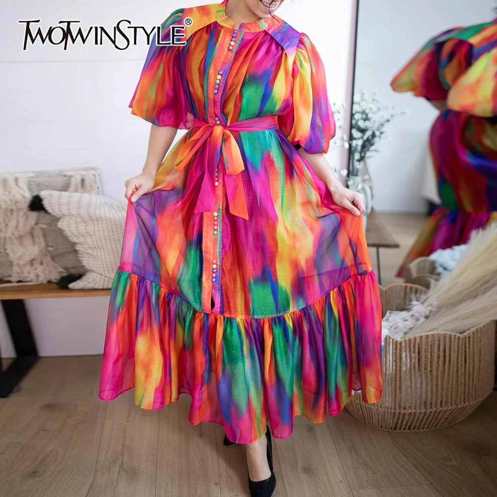 

TWOTWINSTYLE красочное свободное летнее платье на шнуровке для женщин с круглым вырезом и короткими рукавами базовые длинные платья женская мода новинка