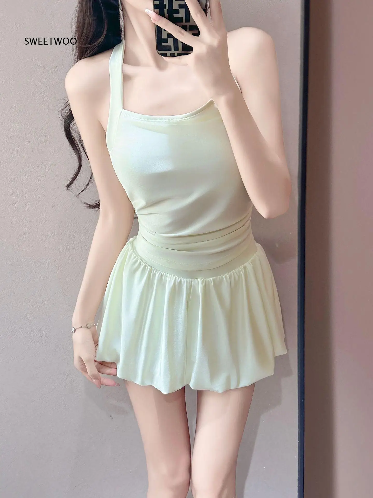 Women One Piece Skirt Swimsuit Halter Neck Ruched Waist Flared Skirt Swimwear Solid Color For Beach Pool Summer Vacation