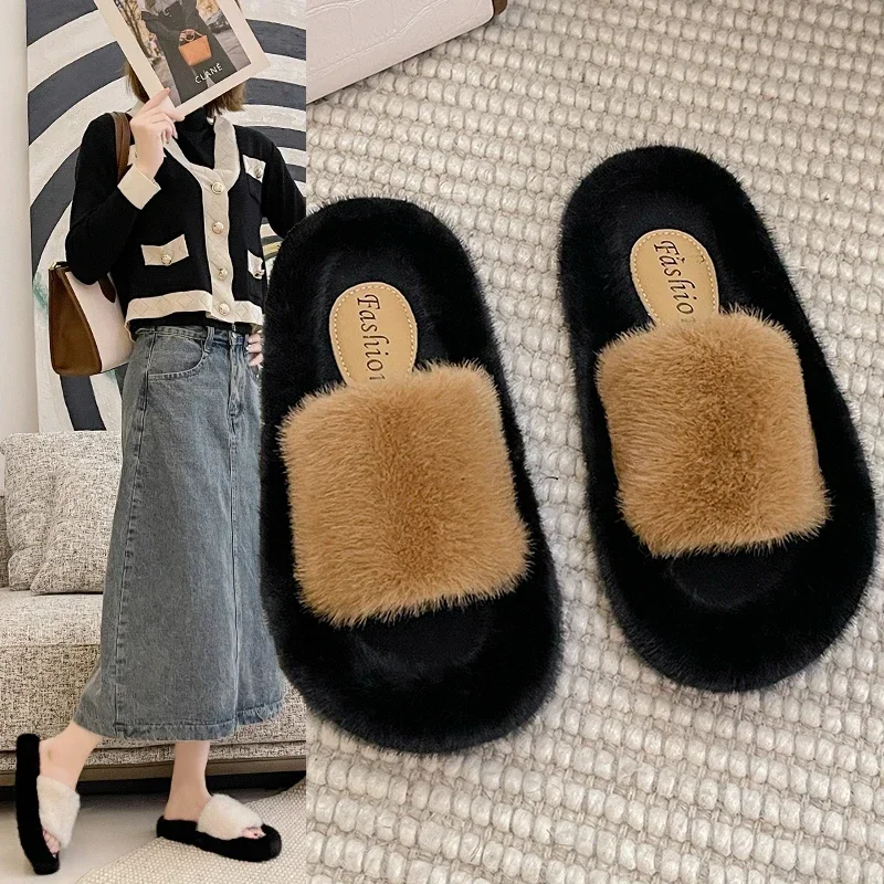 2024 Autumn and Winter New Internet Celebrity High-end Plush Slippers for Women To Wear Home Thick-soled Plus-size Cotton