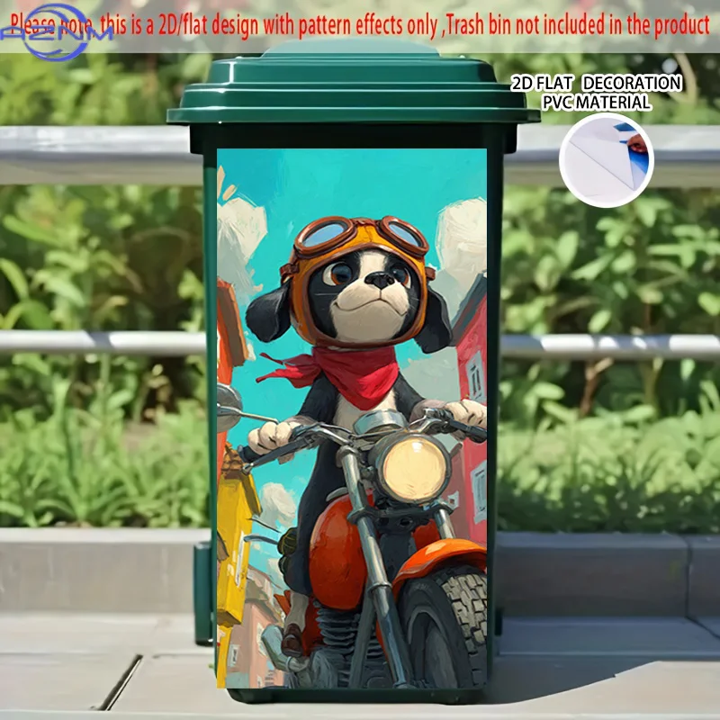 2D Flat Printing 1pc 2D Pattern Printed Kitchen Trash Can Sticker, xcm, Cute Dog Riding a Motorcycle Theme, Kitchen Home Decor