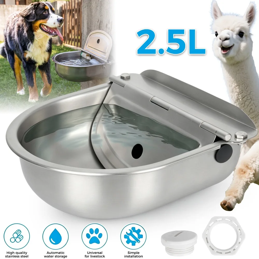 Abreuvoir automatique pour bétail en acier inoxydable avec système de valve flottante. Solution fiable d'alimentation en eau pour chevaux, bovins, moutons, chèvres et chiens de compagnie.